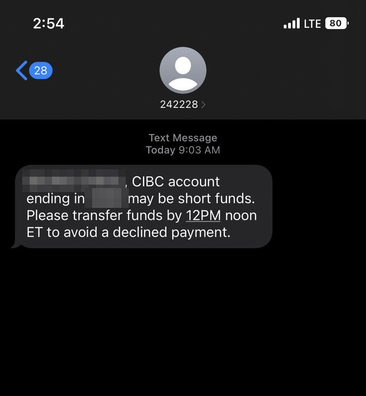 CIBC에서 온 잔액 부족 문자